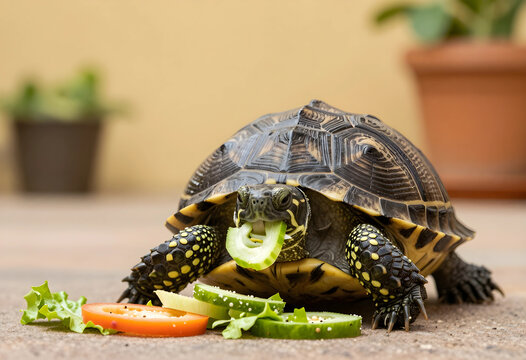 Small turtle eating fresh green cucumber slice and vegetables on a concrete surface outdoors, the reptile is on a concrete surface outdoors, its patterned shell and textured skin
