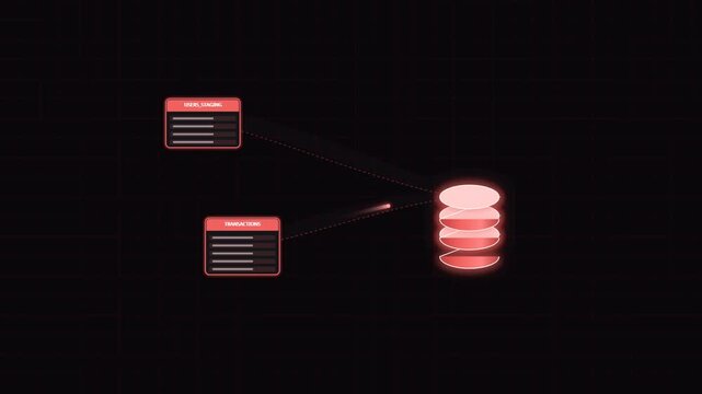 Database information flow animation showing glowing data packets traveling between digital tables and central storage server
