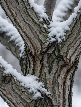 Close up of bird cherry tree trunk, branches covered with fresh white snow. Rough bark texture shows detailed patterns in winter forest. Natural wood surface gets frost in cold weather. Outdoor