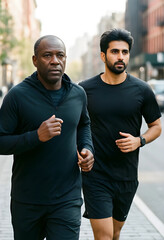 Naklejka premium Two men running outdoors on a city street, diverse friends exercising together for health and wellness, urban fitness lifestyle