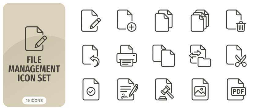 File management icon set, vector illustration of document and folder icons for business and office use