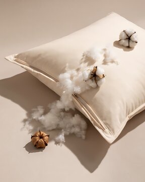 Soft cotton pillow with fluffy cotton bolls and natural fibers spilling out
