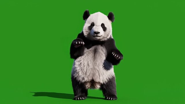 Cute giant panda bear waving hello isolated on green screen background