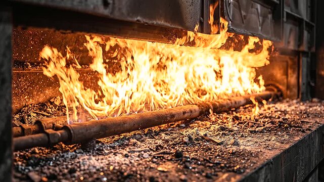 Fiery embers glow within darkened furnace. White hot ashes form textured pile, illuminated by intense orange heat, flickering flames. Scene conveys intense heat, process of cremation, suggesting

