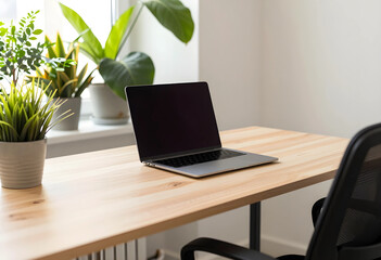 Fototapeta premium Modern laptop on a light wooden desk with Potted green plants by a window, home office workspace