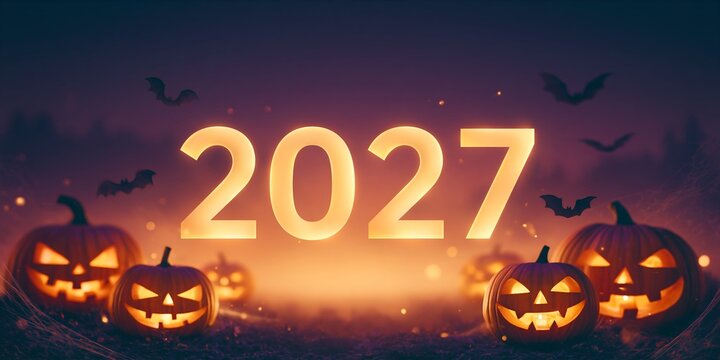 Glowing pumpkins and bats surround the year 2027