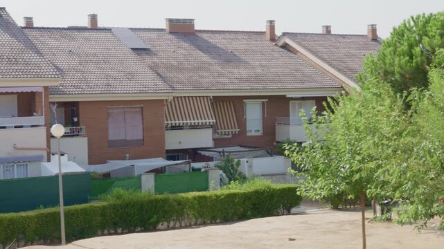 Suburban residential neighborhood with townhouses and swimming pool