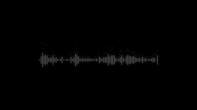 Audio visualizer loop, white waveform frequency and music equalizer bars on black background, dynamic sound spectrum animation, podcast voice wave and streaming graphic 4k