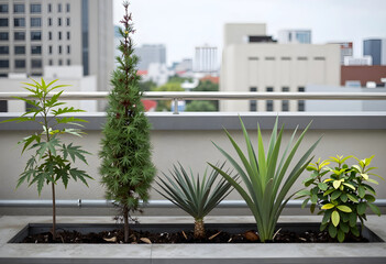 Obraz premium Rooftop garden with diverse green plants in a planter box against a blurred city skyline background, the urban setting includes a blurred city skyline with modern buildings in the background