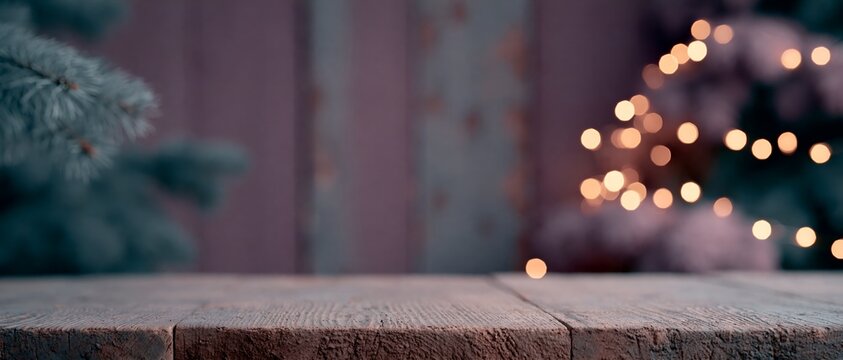 Blank wooden table, blurred Christmas tree lights, warm holiday ambiance