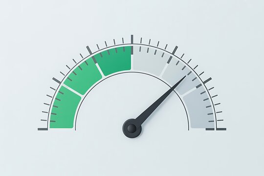 Minimalist speedometer gauge showing high performance with green and white dial in 3D render
