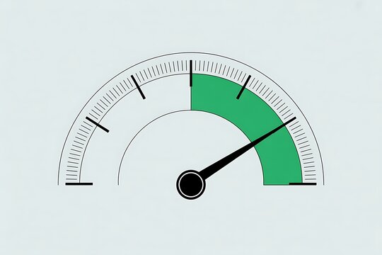 Minimalist green performance gauge with black needle indicating mid-level efficiency on white background