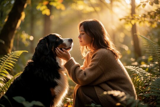 Young woman pets Bernese Mountain Dog in autumn forest. Girl touches dog face with love, care. Best friends enjoy peaceful moment together in sunny woods. Close up of pet, owner bond during golden
