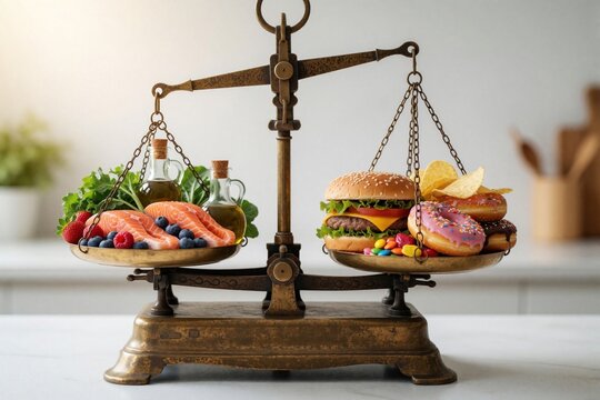 Healthy food like salmon berries and greens contrasts with junk food such as burgers donuts and chips on a vintage scale representing diet choices and nutrition balance.