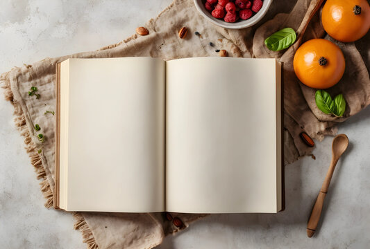 Open blank recipe book with fresh ingredients, cooking and culinary arts concept, top view on a rustic background