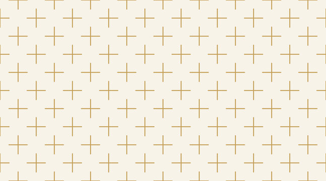 Seamless pattern of thin gold plus signs arranged in a grid on a soft off-white background, minimalist geometric repeating wallpaper texture