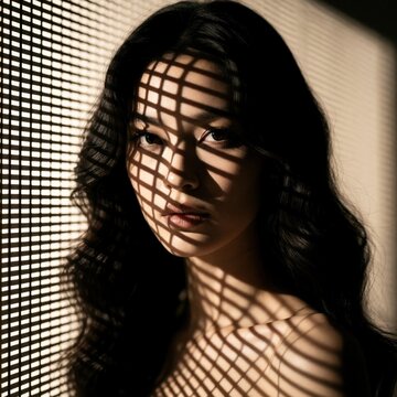 Woman with dark wavy hair posing behind grid pattern creating sharp shadows. Light falls across her face, highlighting her eyes, lips. Modern beauty portrait with dramatic contrast, graphic elements.
