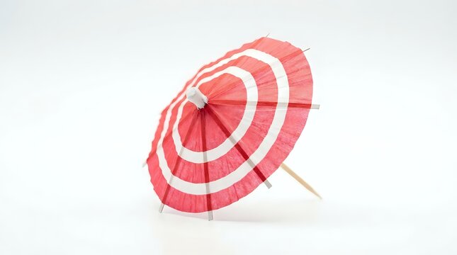 Red and white striped parasol with wooden handle tilted at an angle