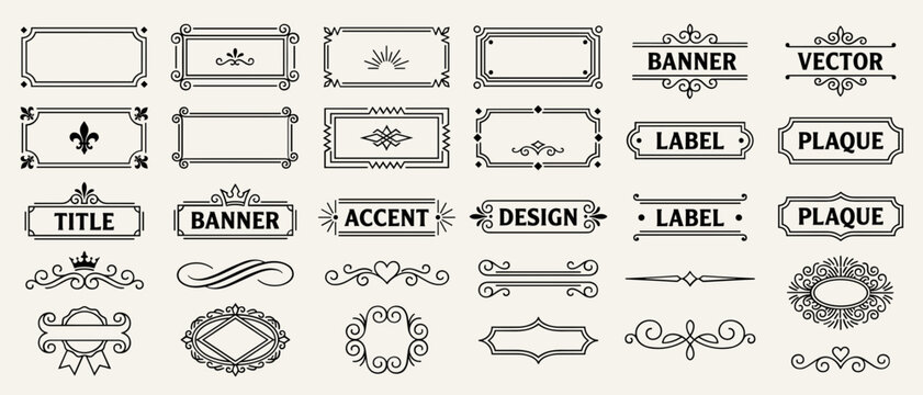 Vintage Ornate Frames and Labels Vector Set with Banner Plaque Ribbon Swirl Divider Ornaments for Decorative Design