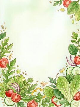 Fresh salad ingredients frame a blank center space with tomatoes