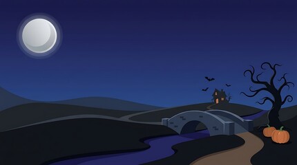 Obraz premium Spooky halloween night landscape with a full moon, haunted house on a hill, stone bridge over a river, and pumpkins