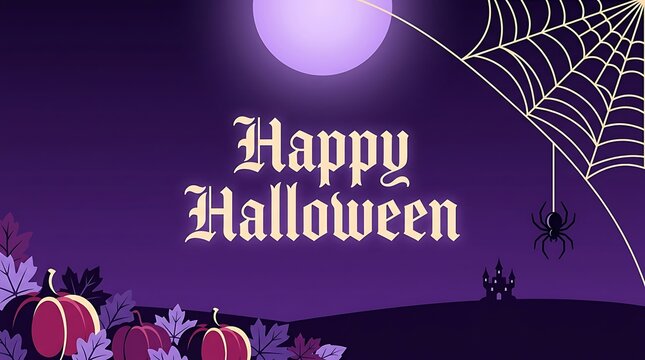 Happy halloween greeting card with purple background, spider web, and pumpkins