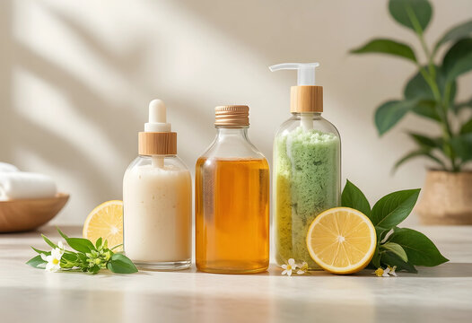 Natural beauty products with lemon and green leaves, organic skincare and wellness concept, spa treatment