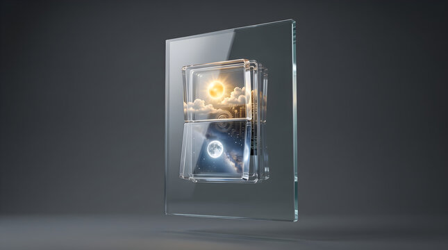 Transparent light switch featuring a glowing golden sun in the top compartment and a bright silver moon within the lower section against dark grey background