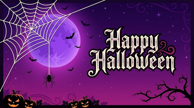 Happy halloween banner with purple moon, bats, spider web, and jackolanterns