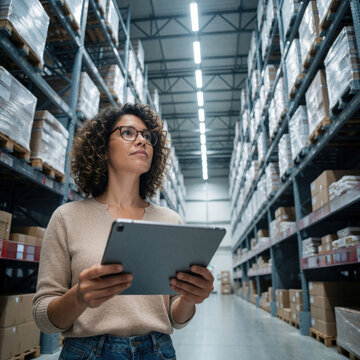 Woman with glasses holds tablet checking stock in bright warehouse aisle with tall shelves. She manages inventory and logistics using digital tech in a large storage facility.