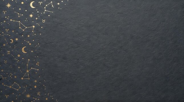 Celestial constellation pattern with gold stars and moons on dark gray