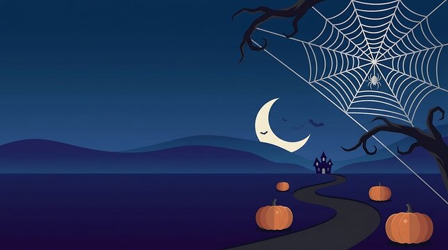 Halloween night landscape with a winding path leading to a haunted house, pumpkins, a crescent moon, and a spider web hanging from a dead tree