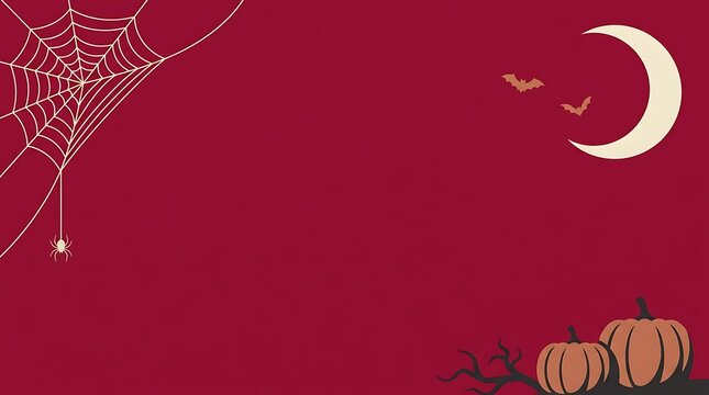 Halloween background with a spider web in the corner, a crescent moon, bats, and pumpkins on a dark red backdrop