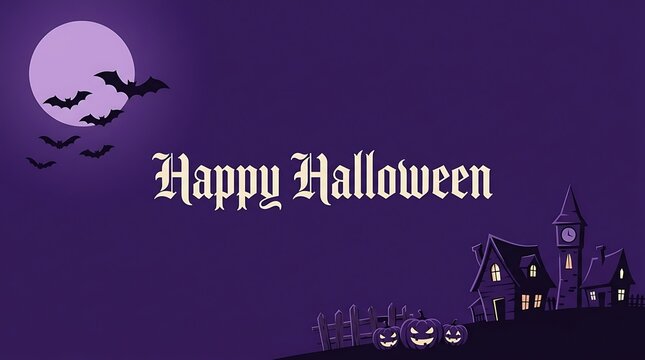 Happy halloween greeting card with a haunted house, pumpkins, and bats flying in front of a full moon on a purple background