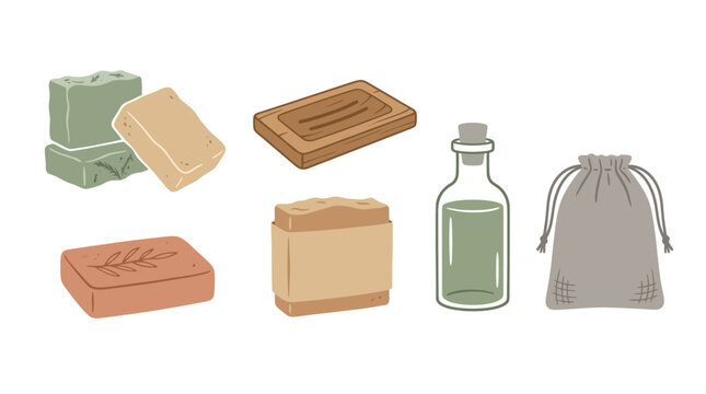 Natural organic handmade soap bars with wooden tray glass bottle and fabric pouch for spa and skincare routine