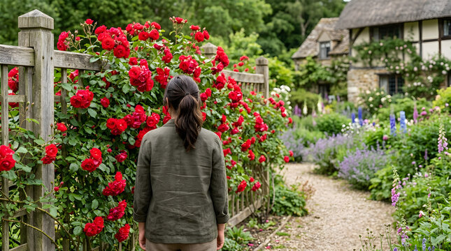 Woman standing by a rustic wooden fence covered in red climbing roses. Lush summer garden with a gravel path leading to a thatched roof cottage