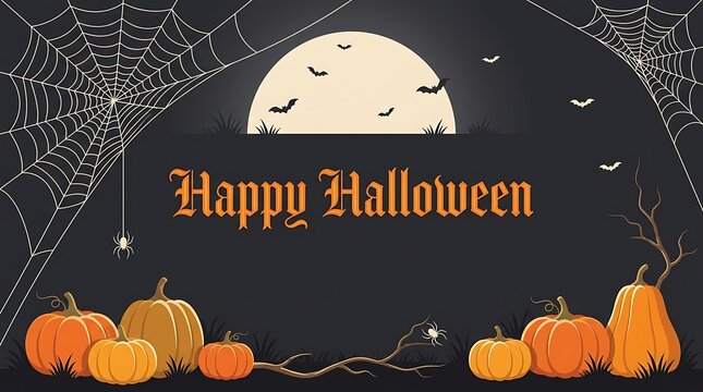 Happy halloween greeting card with pumpkins, spider webs, and bats flying in front of a full moon on a dark background
