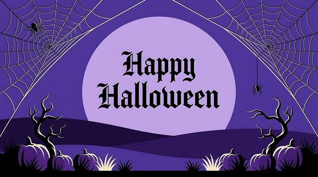 Happy halloween greeting card with pumpkins, spider webs, and spiders in front of a large full moon on a purple background