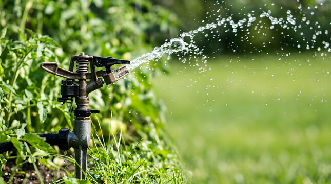 Close-up of a brass impact sprinkler watering a vegetable garden. Automatic irrigation system spraying water droplets over green plants. Summer gardening concept