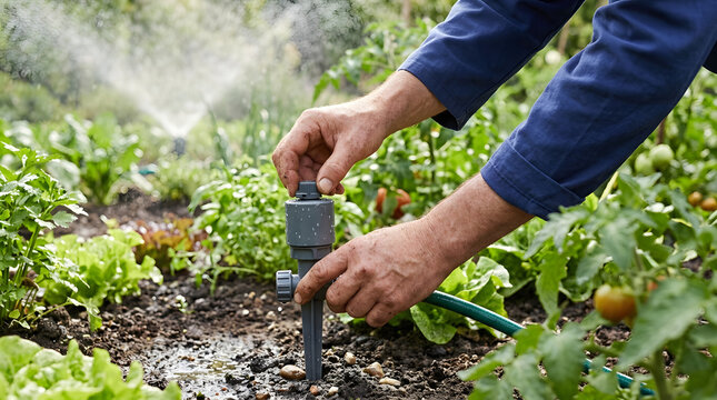Hands of a farmer adjusting a plastic sprinkler in a vegetable garden. Person in a blue shirt setting up an irrigation system in wet soil. Agricultural watering equipment