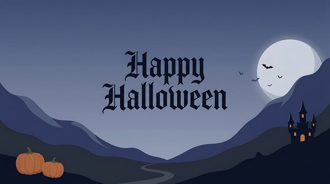 Happy halloween greeting card design with a spooky landscape, full moon, bats, a haunted castle, and pumpkins on a dark blue background