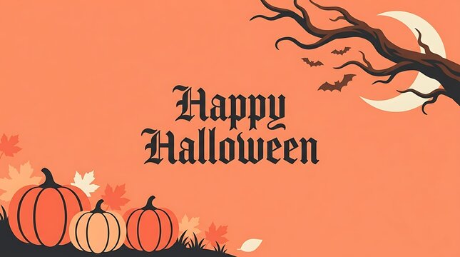 Happy halloween festive background with pumpkins, autumn leaves, bare tree branch, crescent moon, and bats on an orange background