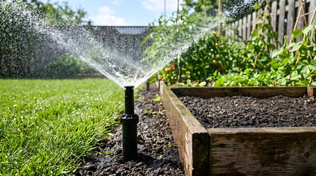 Pop-up sprinkler watering a green lawn next to a raised garden bed. Automatic irrigation system spraying water in a sunny backyard. Residential landscaping and gardening