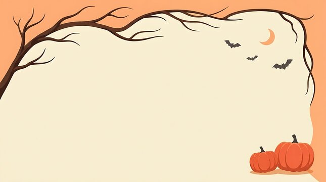 Halloween background with bare tree branches, crescent moon, bats, and pumpkins