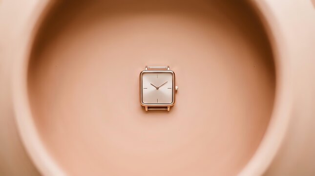 Square rose gold wristwatch with minimalist dial centered in soft