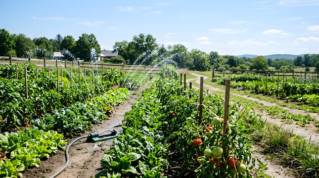 Oscillating sprinkler watering rows of crops in a large vegetable garden. Agricultural irrigation system spraying water over green plants on a sunny summer day on a farm