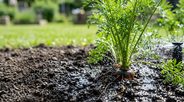 Close-up of a micro sprinkler watering a carrot plant in a vegetable garden. Small irrigation emitter spraying water on green leaves and dark wet soil. Organic farming
