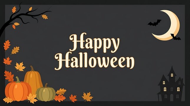Happy halloween greeting card with pumpkins, autumn leaves, haunted house, and crescent moon on a dark background