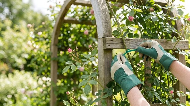 Gardener wearing gloves tying a climbing rose stem to a wooden arch. Person securing plant to a garden trellis