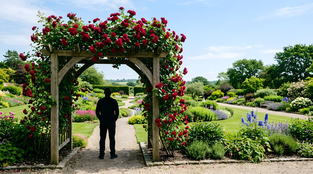 Person standing under a wooden arch covered in red roses looking at a formal garden. Man enjoying a landscaped park